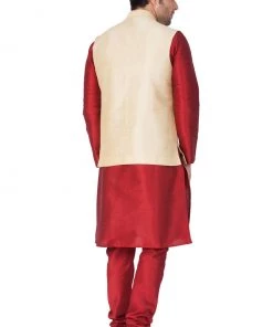 Vastramay Men's Maroon Cotton Silk Blend Kurta, Ethnic Jacket And Pyjama Set