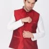 VASTRAMAY Men's Maroon Cotton Silk Blend Ethnic Jacket