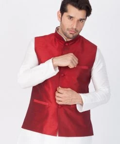 VASTRAMAY Men's Maroon Cotton Silk Blend Ethnic Jacket