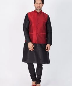Vastramay Men's Black Cotton Silk Blend Kurta, Ethnic Jacket And Pyjama Set