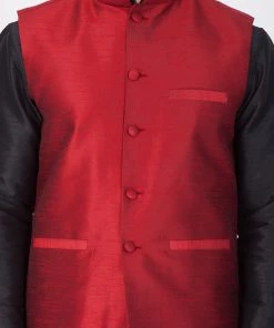 Vastramay Men's Black Cotton Silk Blend Kurta, Ethnic Jacket And Pyjama Set