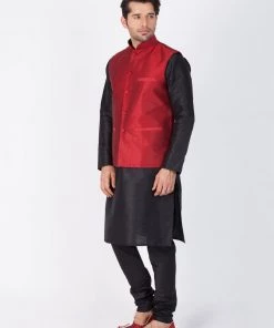 Vastramay Men's Black Cotton Silk Blend Kurta, Ethnic Jacket And Pyjama Set