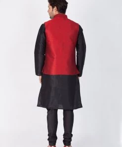 Vastramay Men's Black Cotton Silk Blend Kurta, Ethnic Jacket And Pyjama Set
