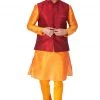 Vastramay Men's Orange Cotton Silk Blend Kurta, Ethnic Jacket And Pyjama Set