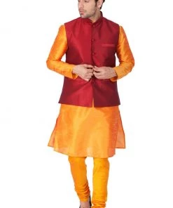 Vastramay Men's Orange Cotton Silk Blend Kurta, Ethnic Jacket And Pyjama Set