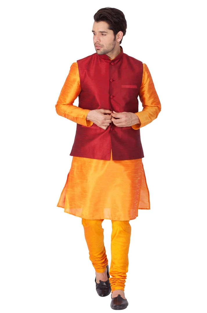 Vastramay Men's Orange Cotton Silk Blend Kurta, Ethnic Jacket And Pyjama Set 3 Vastramay Men's Orange Cotton Silk Blend Kurta, Ethnic Jacket And Pyjama Set