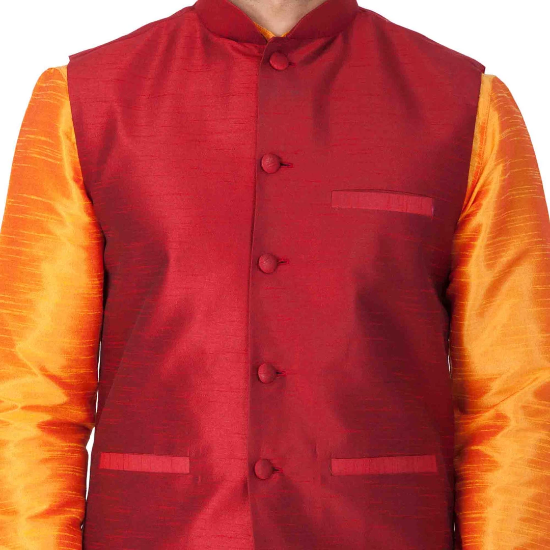 Vastramay Men's Orange Cotton Silk Blend Kurta, Ethnic Jacket And Pyjama Set 5 Vastramay Men's Orange Cotton Silk Blend Kurta, Ethnic Jacket And Pyjama Set