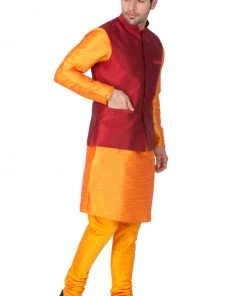 Vastramay Men's Orange Cotton Silk Blend Kurta, Ethnic Jacket And Pyjama Set