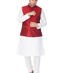 Vastramay Men's White Cotton Silk Blend Kurta, Ethnic Jacket And Pyjama Set
