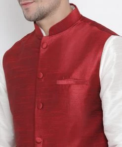 Vastramay Men's White Cotton Silk Blend Kurta, Ethnic Jacket And Pyjama Set