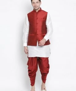 Vastramay Men's White Cotton Silk Blend Ethnic Jacket, Kurta And Dhoti Pant Set