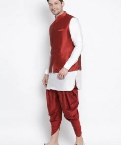 Vastramay Men's White Cotton Silk Blend Ethnic Jacket, Kurta And Dhoti Pant Set