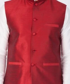 VASTRAMAY Men's Maroon Cotton Silk Blend Ethnic Jacket