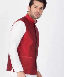 VASTRAMAY Men's Maroon Cotton Silk Blend Ethnic Jacket