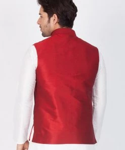 VASTRAMAY Men's Maroon Cotton Silk Blend Ethnic Jacket