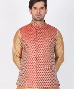 Vastramay Silk Blend Maroon And Gold Baap Beta Ethnic Jacket