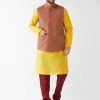 VASTRAMAY Men's Maroon Silk Blend Ethnic Jacket, Yellow Kurta And Maroon Pyjama Set Jacket Kurta Sets