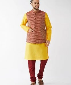 VASTRAMAY Men's Maroon Silk Blend Ethnic Jacket, Yellow Kurta And Maroon Pyjama Set Jacket Kurta Sets