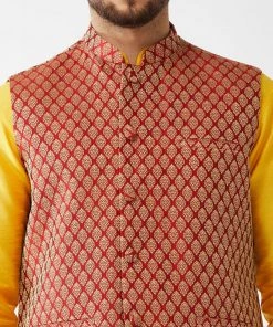 VASTRAMAY Men's Maroon Silk Blend Ethnic Jacket, Yellow Kurta And Maroon Pyjama Set Jacket Kurta Sets