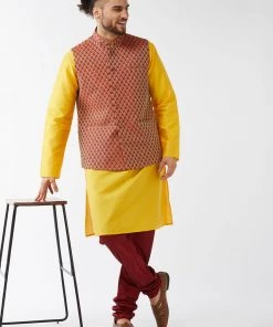 VASTRAMAY Men's Maroon Silk Blend Ethnic Jacket, Yellow Kurta And Maroon Pyjama Set Jacket Kurta Sets