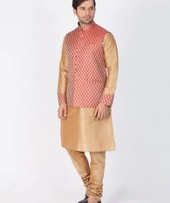 Vastramay Men's Gold Cotton Silk Blend Kurta, Ethnic Jacket And Pyjama Set