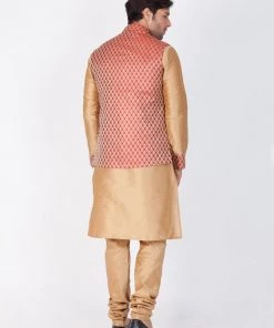 Vastramay Men's Gold Cotton Silk Blend Kurta, Ethnic Jacket And Pyjama Set