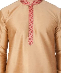 Vastramay Men's Gold Cotton Silk Blend Kurta, Ethnic Jacket And Pyjama Set
