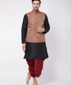 VASTRAMAY Men's Black Silk Blend Kurta And Dhoti With Maroon Woven Nehru Jacket