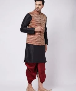 VASTRAMAY Men's Black Silk Blend Kurta And Dhoti With Maroon Woven Nehru Jacket