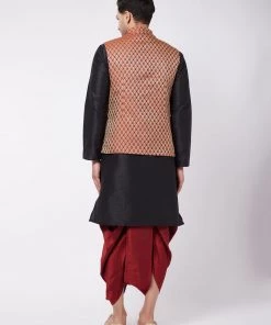 VASTRAMAY Men's Black Silk Blend Kurta And Dhoti With Maroon Woven Nehru Jacket