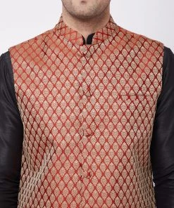 VASTRAMAY Men's Black Silk Blend Kurta And Dhoti With Maroon Woven Nehru Jacket