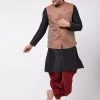VASTRAMAY Men's Black Silk Blend Kurta And Dhoti With Maroon Woven Nehru Jacket
