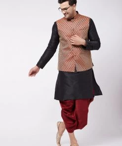 VASTRAMAY Men's Black Silk Blend Kurta And Dhoti With Maroon Woven Nehru Jacket