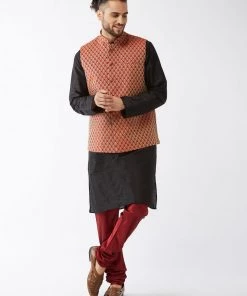 VASTRAMAY Men's Maroon Silk Blend Ethnic Jacket, Black Kurta And Maroon Pyjama Set