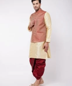 Vastramay Men's Gold Silk Blend Kurta And Dhoti With Maroon Woven Nehru Jacket