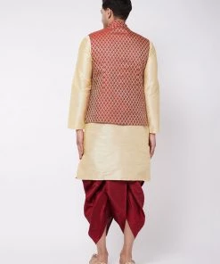 Vastramay Men's Gold Silk Blend Kurta And Dhoti With Maroon Woven Nehru Jacket