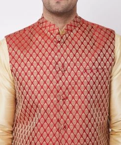 Vastramay Men's Gold Silk Blend Kurta And Dhoti With Maroon Woven Nehru Jacket