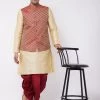 Vastramay Men's Gold Silk Blend Kurta And Dhoti With Maroon Woven Nehru Jacket