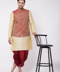 Vastramay Men's Gold Silk Blend Kurta And Dhoti With Maroon Woven Nehru Jacket
