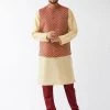 VASTRAMAY Men's Maroon Silk Blend Ethnic Jacket, Gold Kurta And Maroon Pyjama Set