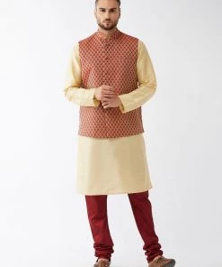 VASTRAMAY Men's Maroon Silk Blend Ethnic Jacket, Gold Kurta And Maroon Pyjama Set