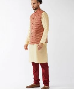 VASTRAMAY Men's Maroon Silk Blend Ethnic Jacket, Gold Kurta And Maroon Pyjama Set