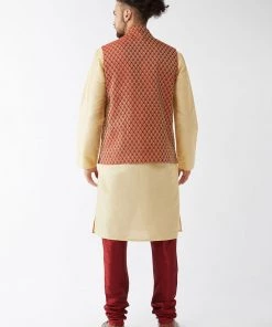 VASTRAMAY Men's Maroon Silk Blend Ethnic Jacket, Gold Kurta And Maroon Pyjama Set