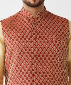 VASTRAMAY Men's Maroon Silk Blend Ethnic Jacket, Gold Kurta And Maroon Pyjama Set