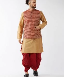 VASTRAMAY Men's Rose Gold Silk Blend Kurta And Dhoti With Maroon Woven Nehru Jacket