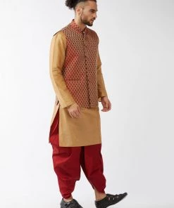VASTRAMAY Men's Rose Gold Silk Blend Kurta And Dhoti With Maroon Woven Nehru Jacket