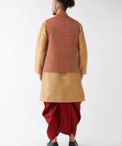 VASTRAMAY Men's Rose Gold Silk Blend Kurta And Dhoti With Maroon Woven Nehru Jacket