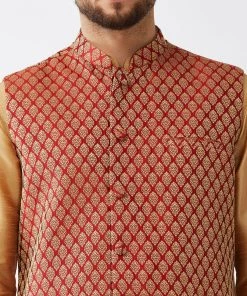 VASTRAMAY Men's Rose Gold Silk Blend Kurta And Dhoti With Maroon Woven Nehru Jacket
