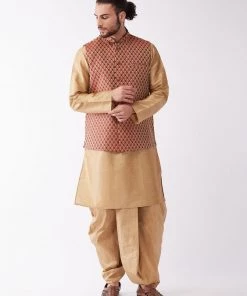VASTRAMAY Men's Rose Gold Solid Silk Blend Kurta And Dhoti With Maroon Nehru Jacket Kurta Sets