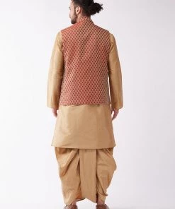VASTRAMAY Men's Rose Gold Solid Silk Blend Kurta And Dhoti With Maroon Nehru Jacket Kurta Sets